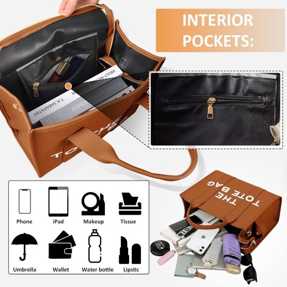 Women Pu-brown Personalized Canvas Tote Bag with Zipper Mini Top-Handle - Picture 4 of 6